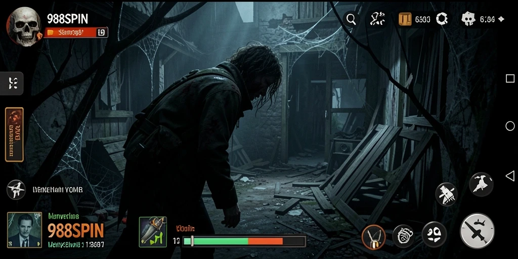 Tangkapan layar gameplay <strong>988SPIN</strong> menunjukkan suasana horor yang mencekam.