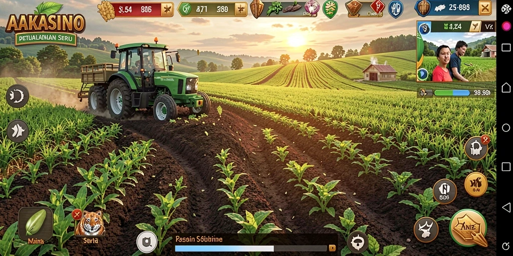 Tampilan gameplay AAKASINO menunjukkan kebun hijau yang subur dan interaksi pemain.