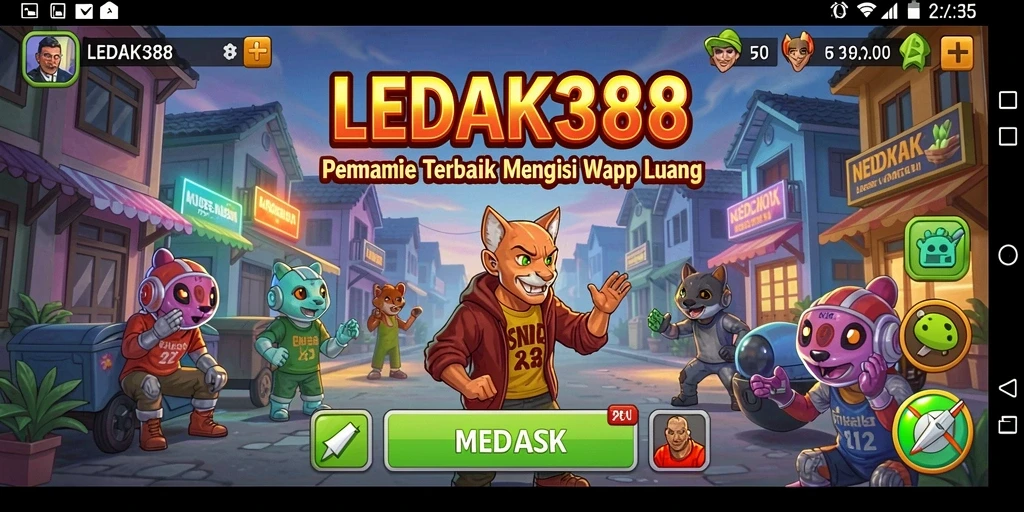 Screenshot gameplay LEDAK388 menunjukkan aksi menarik dan desain karakter yang unik.