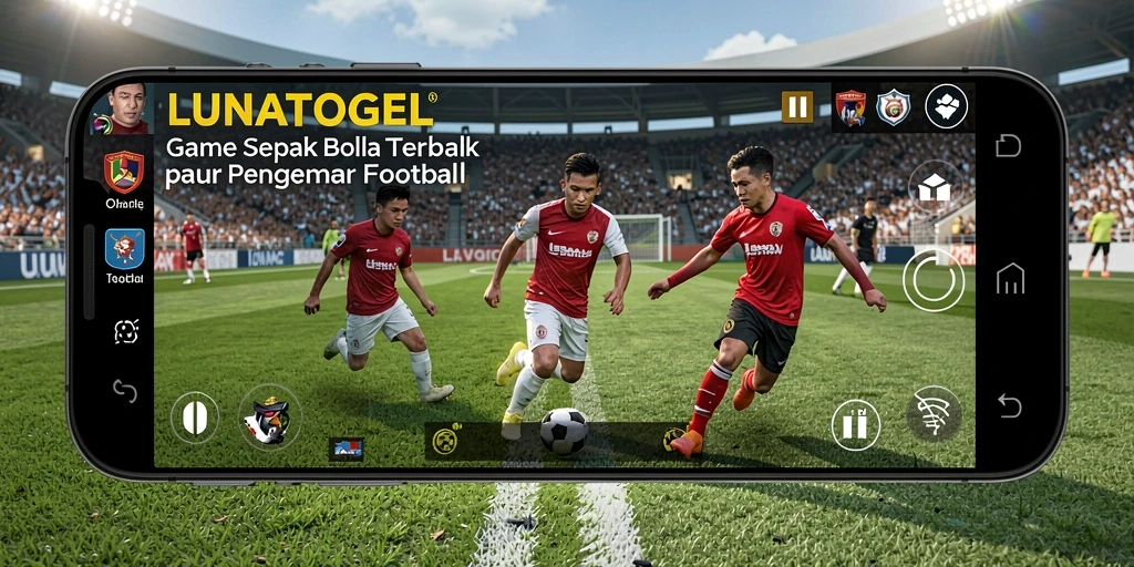 Screenshot utama LUNATOGEL menampilkan aksi sepak bola yang mendebarkan.