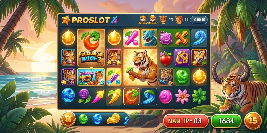 Screenshot gameplay PROSLOT menampilkan kombinasi elemen warna-warni.
