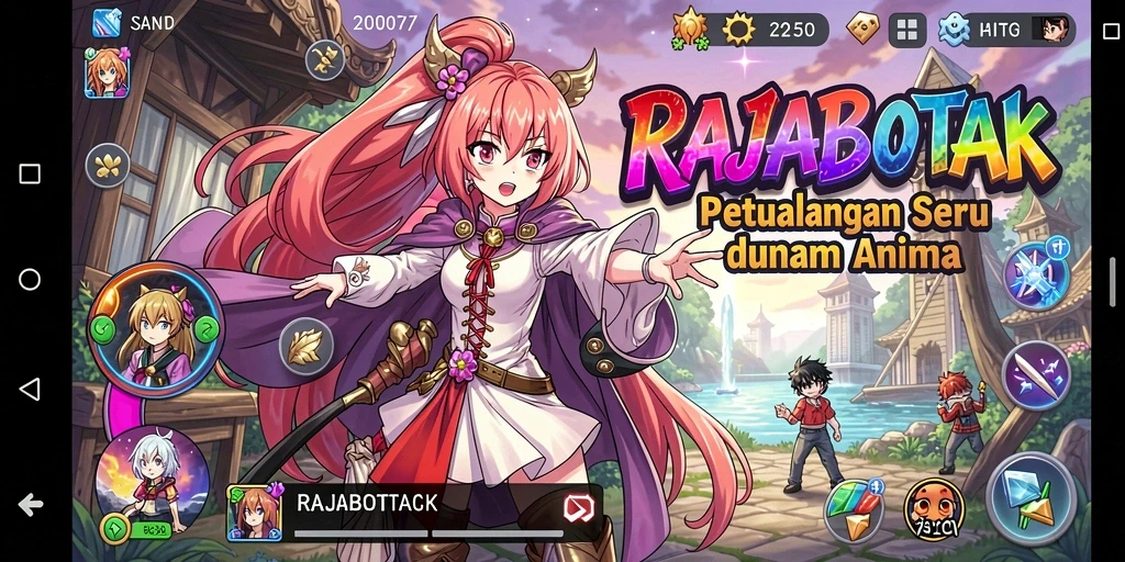 Tangkapan layar RAJABOTAK menampilkan aksi seru dengan karakter anime yang dinamis.