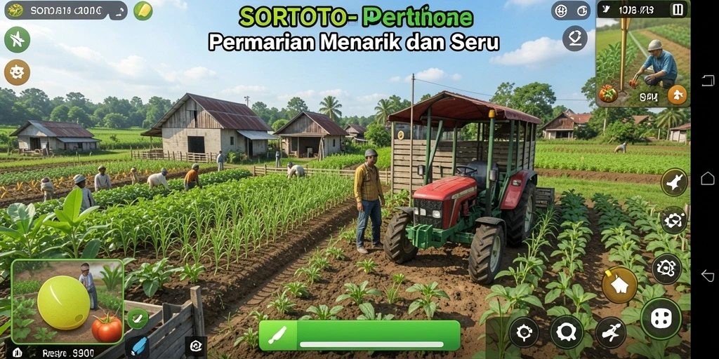 Screenshot gameplay SORTOTO menampilkan aktivitas bertani yang seru.