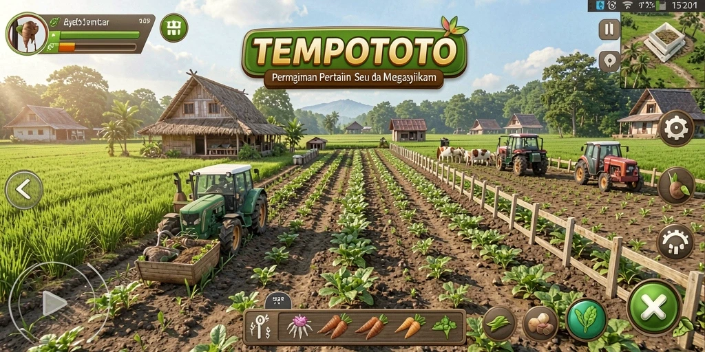 Tampilan gameplay TEMPOTOTO dengan lahan pertanian yang subur dan beragam tanaman.
