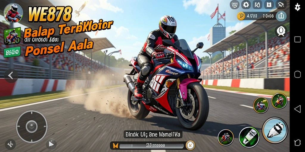 Tangkapan layar utama WE878 menunjukkan gameplay aksi balap motor yang mendebarkan.